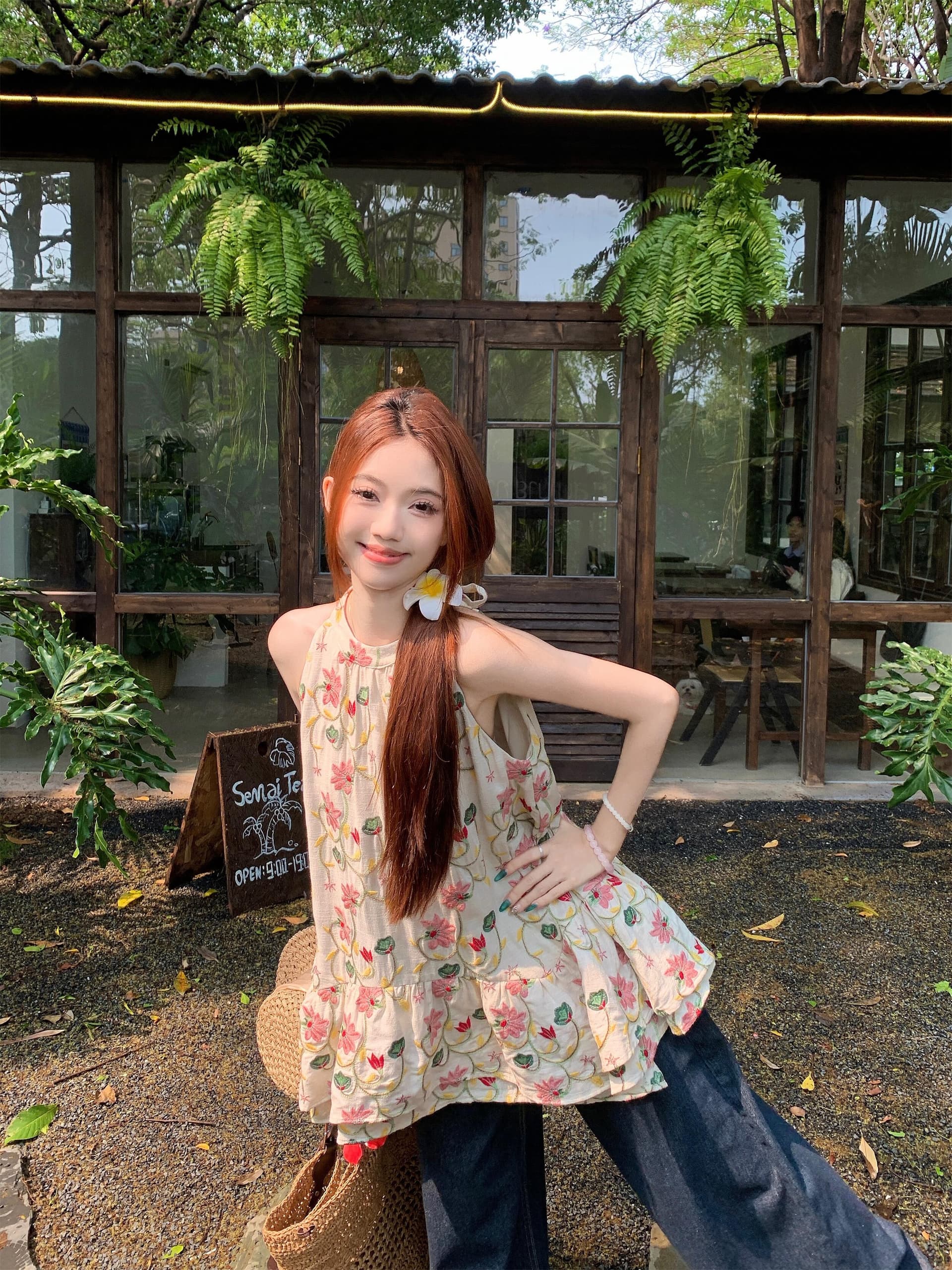 실사 정가 새로운 무거운 작업 자수 꽃무늬 행침 목 캐미솔 한 마디 민소매 새는 어깨 맨위 상세 이미지 16