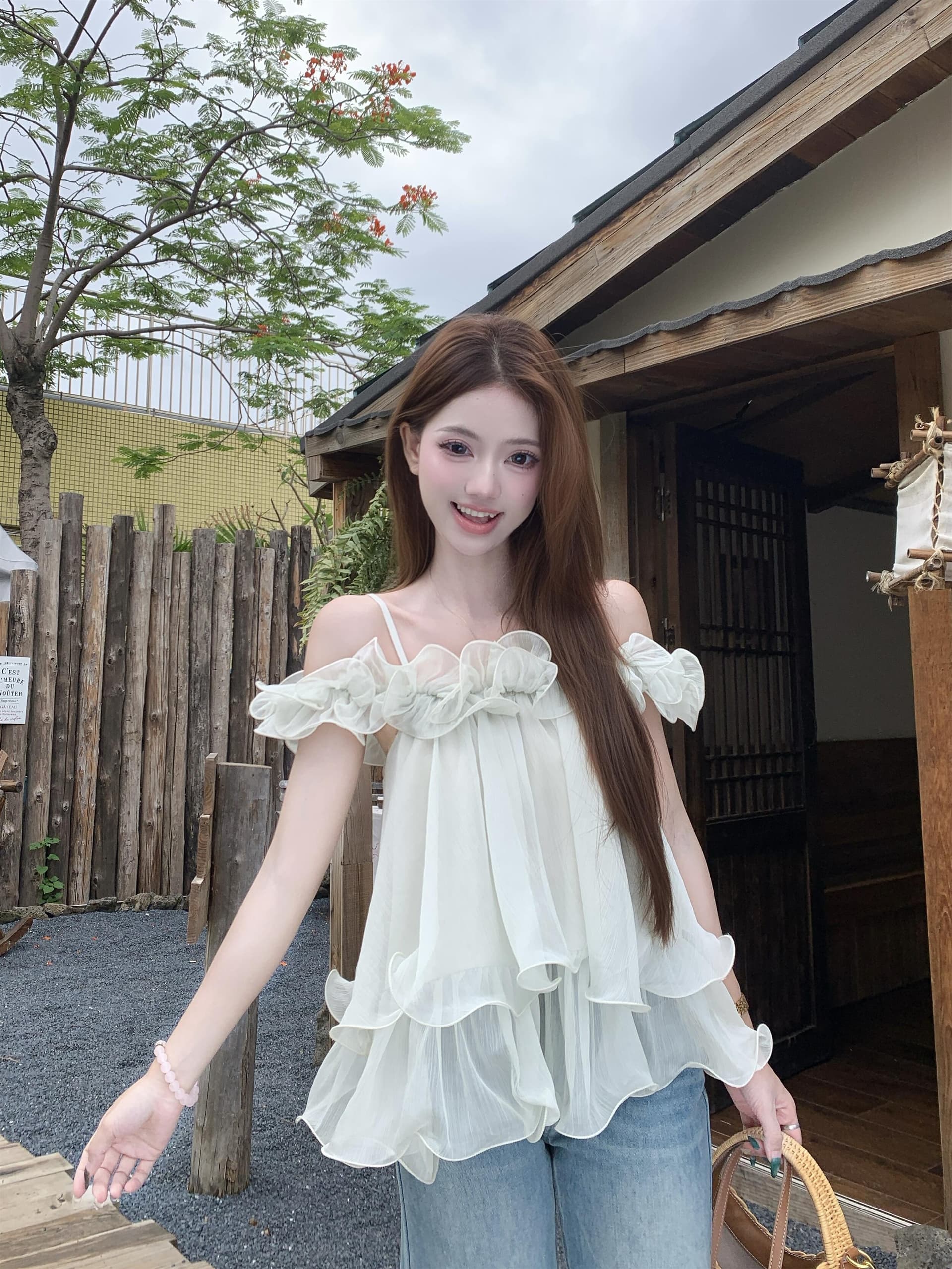 실사 정가 여름 새로운 3 차원 레이스 슬립 오프숄더 작은 셔츠 쉬폰 디스플레이 색상 맨위 상세 이미지 17