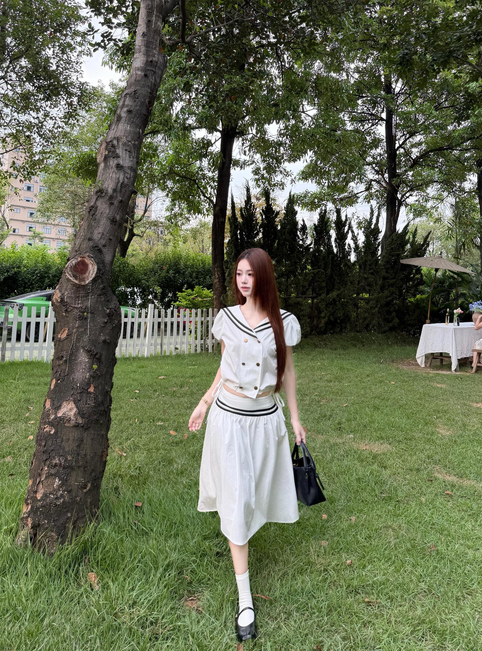 실사 정가 새로운 여름 해군 칼라 쇼트 스타일 펌프 로프 작은 셔츠 슬림해 보이는 반신 치마 세트 이미지 4