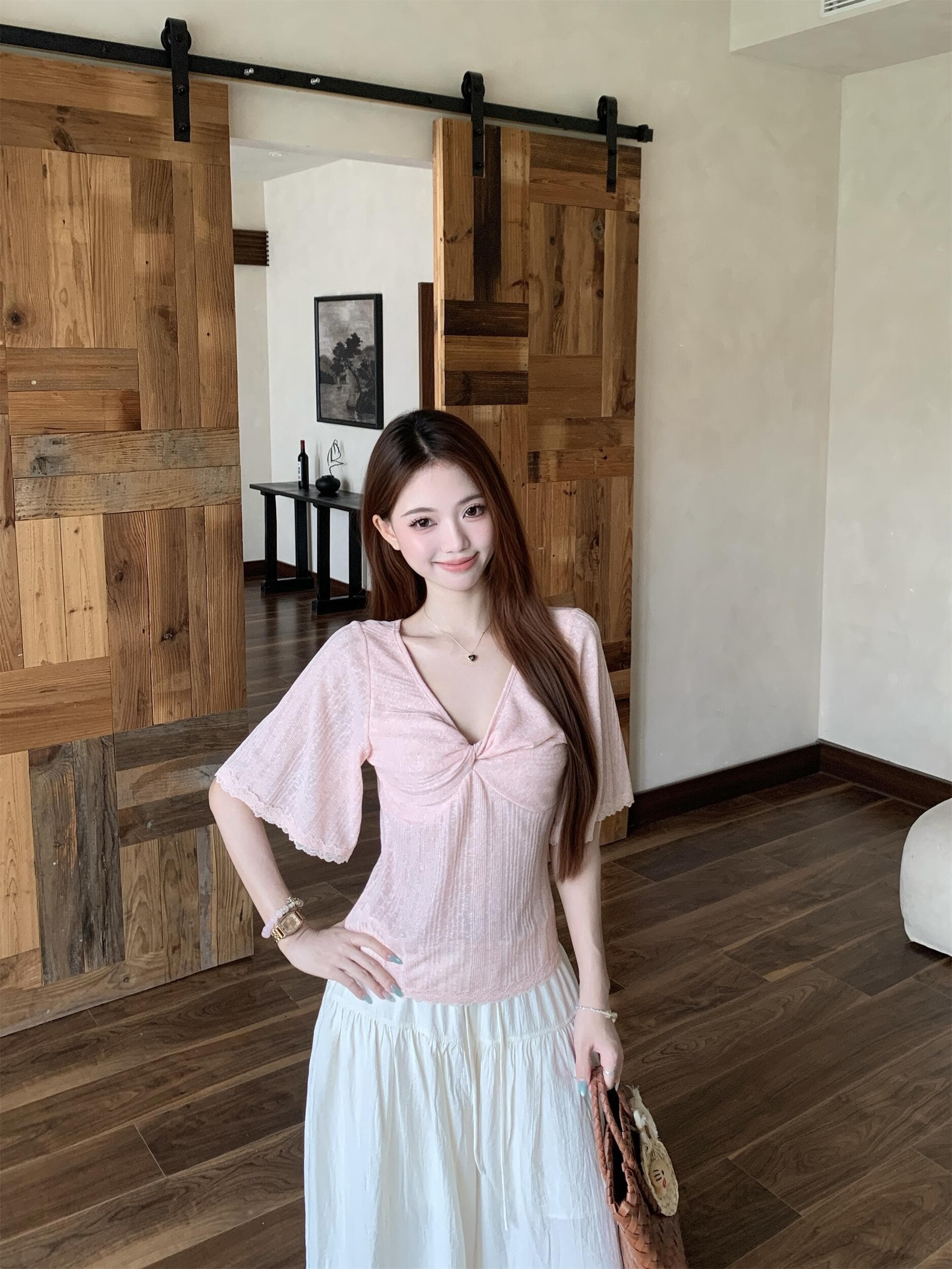 실사 정가 여름 순수한 욕망 부드러운 레이스 측면 V넥 매듭 니트 스웨터 중간 소매 몸매 가꾸기 맨위 상세 이미지 3