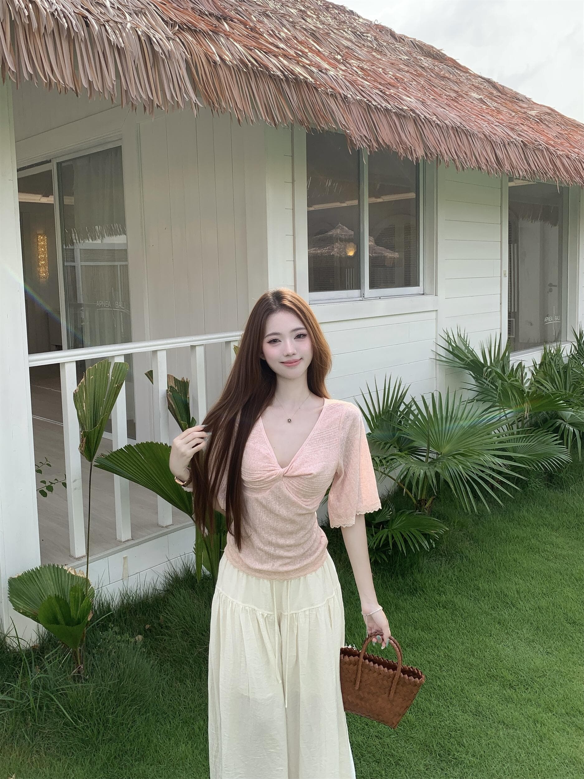 실사 정가 여름 순수한 욕망 부드러운 레이스 측면 V넥 매듭 니트 스웨터 중간 소매 몸매 가꾸기 맨위 상세 이미지 12