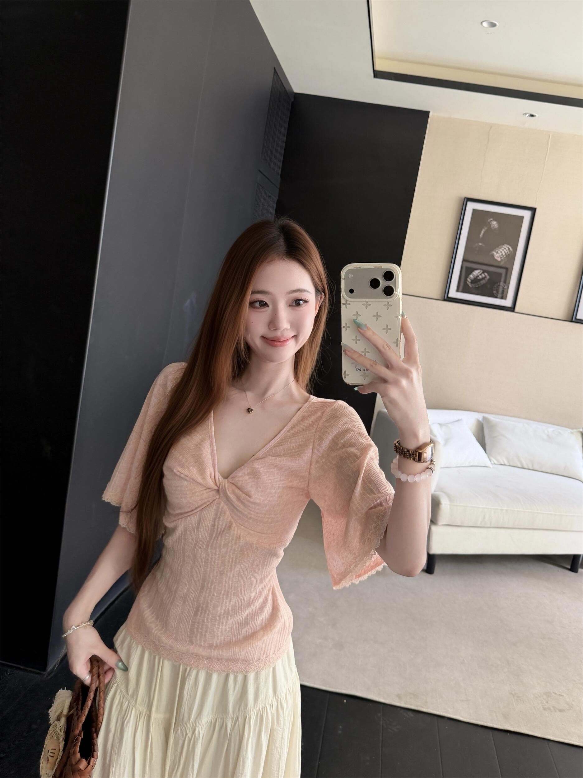 실사 정가 여름 순수한 욕망 부드러운 레이스 측면 V넥 매듭 니트 스웨터 중간 소매 몸매 가꾸기 맨위 상세 이미지 14