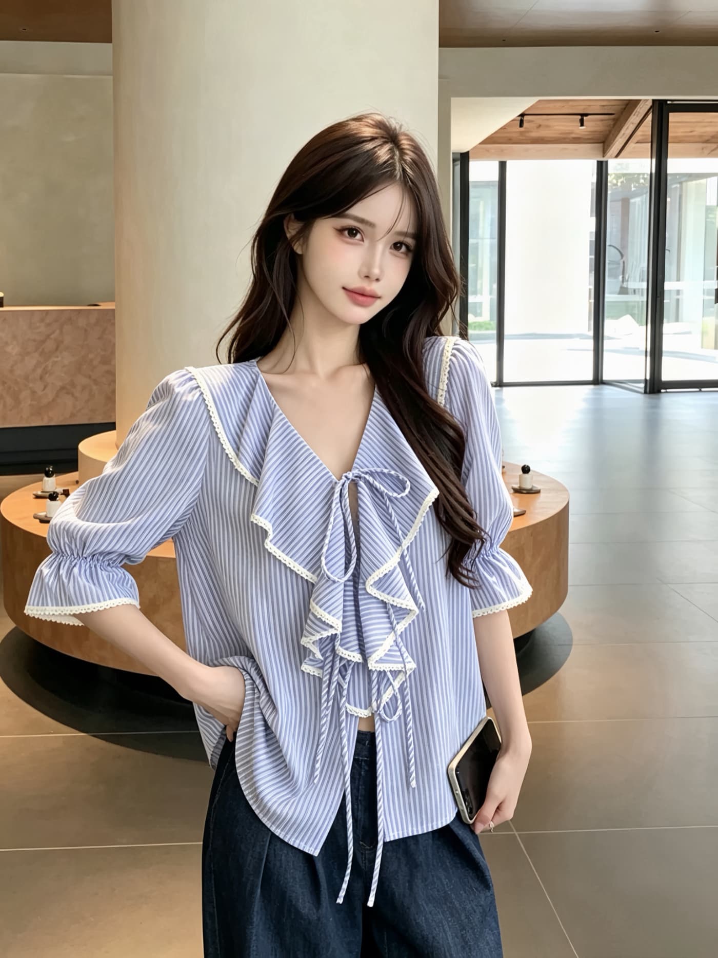 실사 한 번 작은 짭짤한 한 부서 스트라이프 V넥 프릴 중간 소매 여성 셔츠 여름 쇼트 스타일 루즈핏 품격 셔츠 켜기
