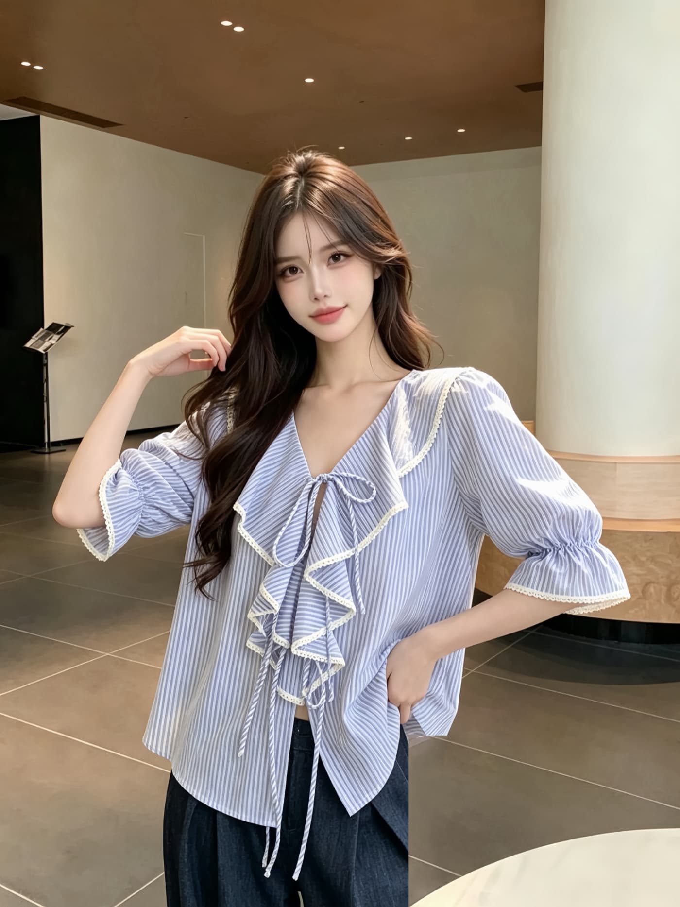 실사 한 번 작은 짭짤한 한 부서 스트라이프 V넥 프릴 중간 소매 여성 셔츠 여름 쇼트 스타일 루즈핏 품격 셔츠 켜기 이미지 3