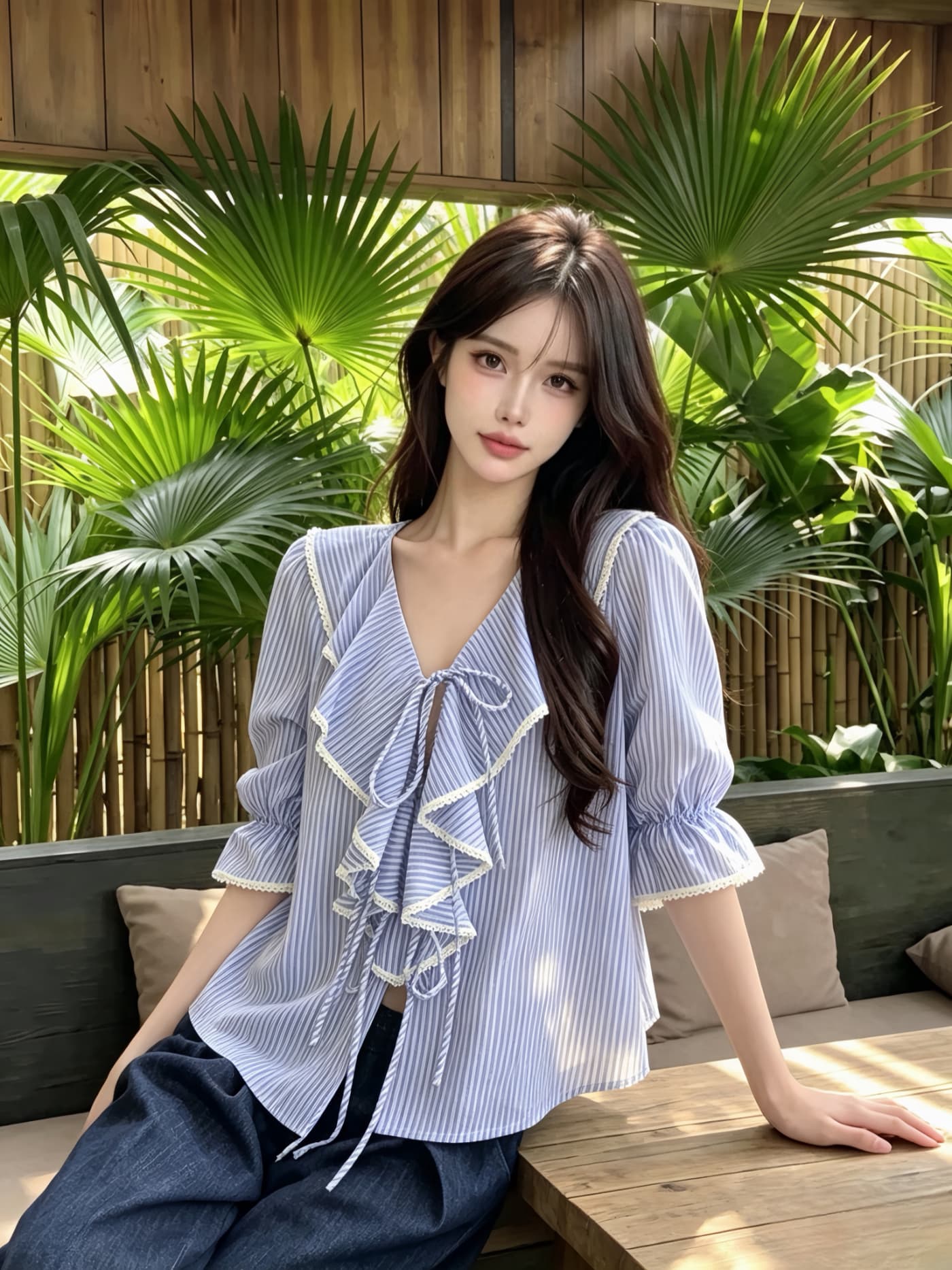 실사 한 번 작은 짭짤한 한 부서 스트라이프 V넥 프릴 중간 소매 여성 셔츠 여름 쇼트 스타일 루즈핏 품격 셔츠 켜기 상세 이미지 4