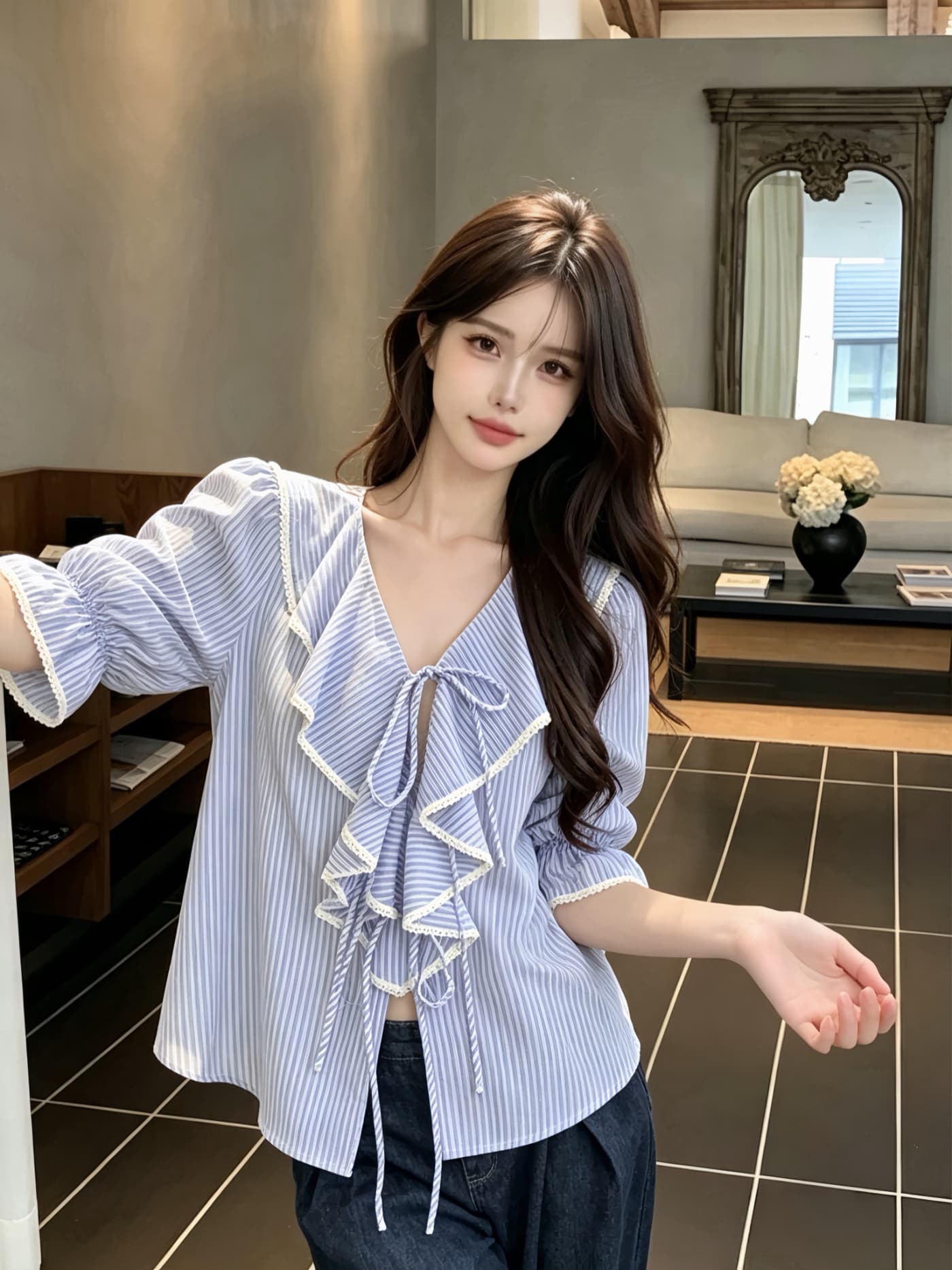 실사 한 번 작은 짭짤한 한 부서 스트라이프 V넥 프릴 중간 소매 여성 셔츠 여름 쇼트 스타일 루즈핏 품격 셔츠 켜기 상세 이미지 8