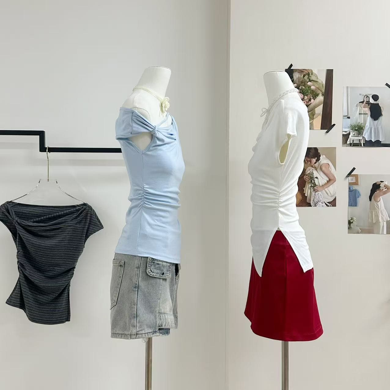 05 26 jmshop 심장 마비 커브 비스듬한 어깨 칼라 깨진 Pleat 허리 수축 트임 반팔 티셔츠 여름 몸매 가꾸기 다용도 상세 이미지 10