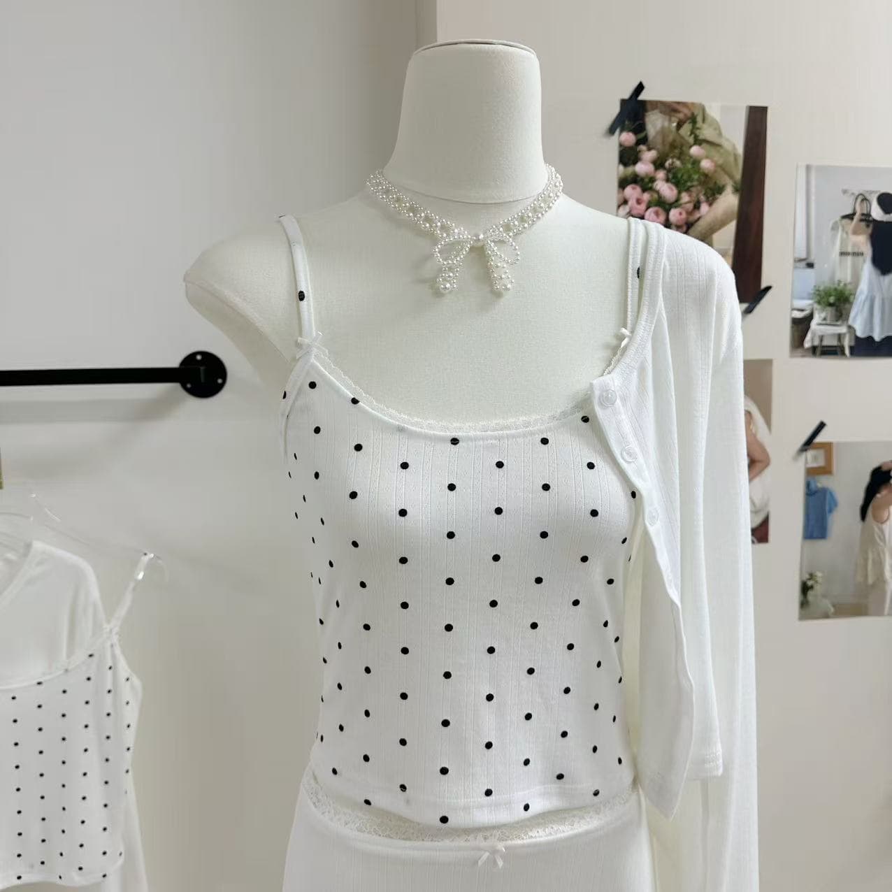 jmshop 빛 산소 법 도트 무늬 꽃무늬 캐미솔 얇은 스타일 니트 자외선 차단 오픈 가디건 반 스커트 세트 이미지 3