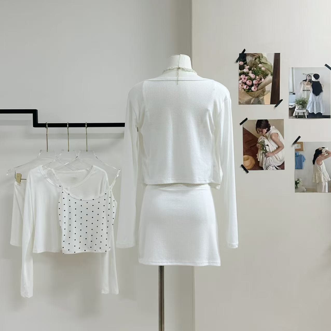 jmshop 빛 산소 법 도트 무늬 꽃무늬 캐미솔 얇은 스타일 니트 자외선 차단 오픈 가디건 반 스커트 세트 이미지 6