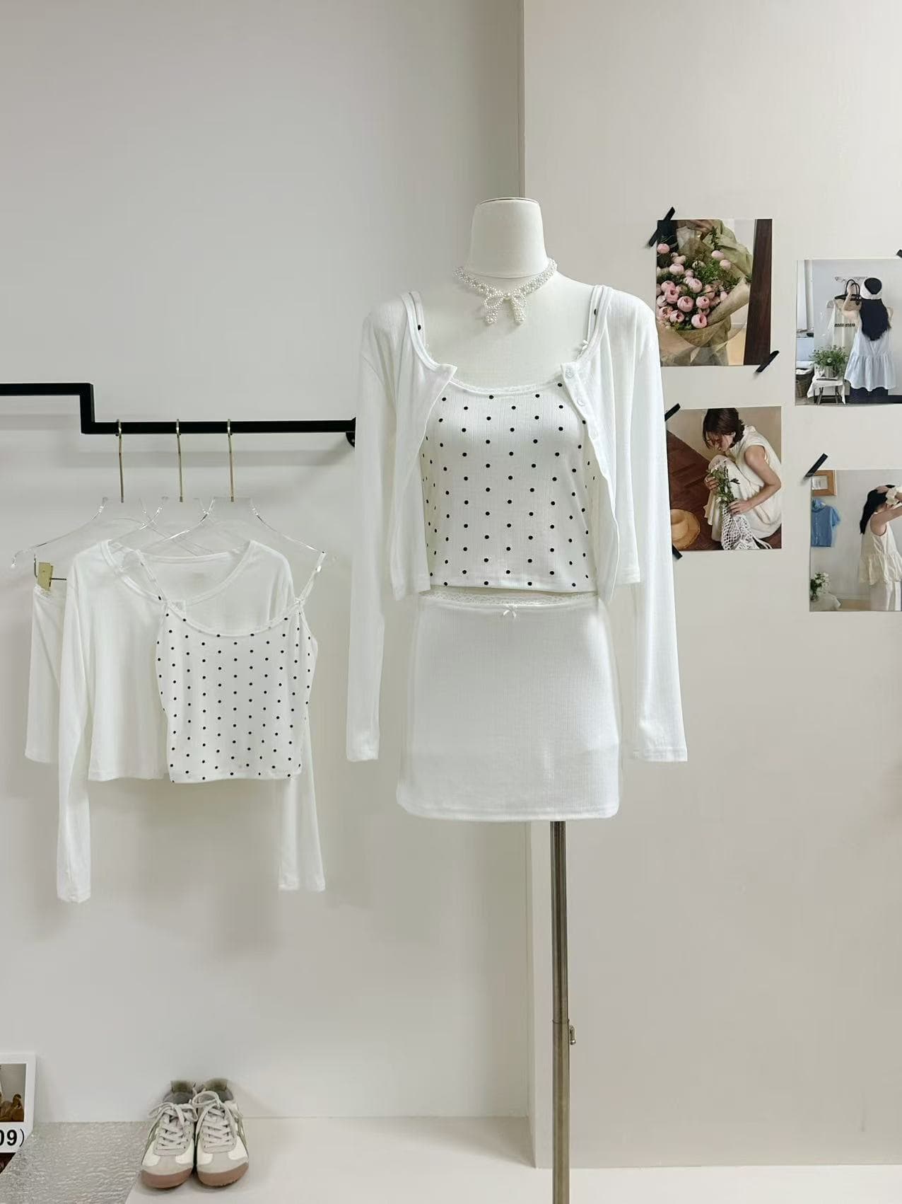 jmshop 빛 산소 법 도트 무늬 꽃무늬 캐미솔 얇은 스타일 니트 자외선 차단 오픈 가디건 반 스커트 세트 이미지 2