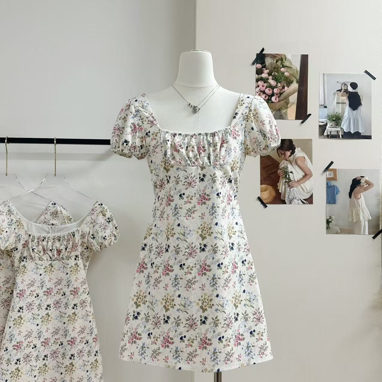 doudou 여드름 광장 칼라 꽃무늬 반팔 여성 드레스 여름 새로운 허리 수축 슬림해 보이는 작은 대중 아니요 명중 섹션 치마 상세 이미지 4