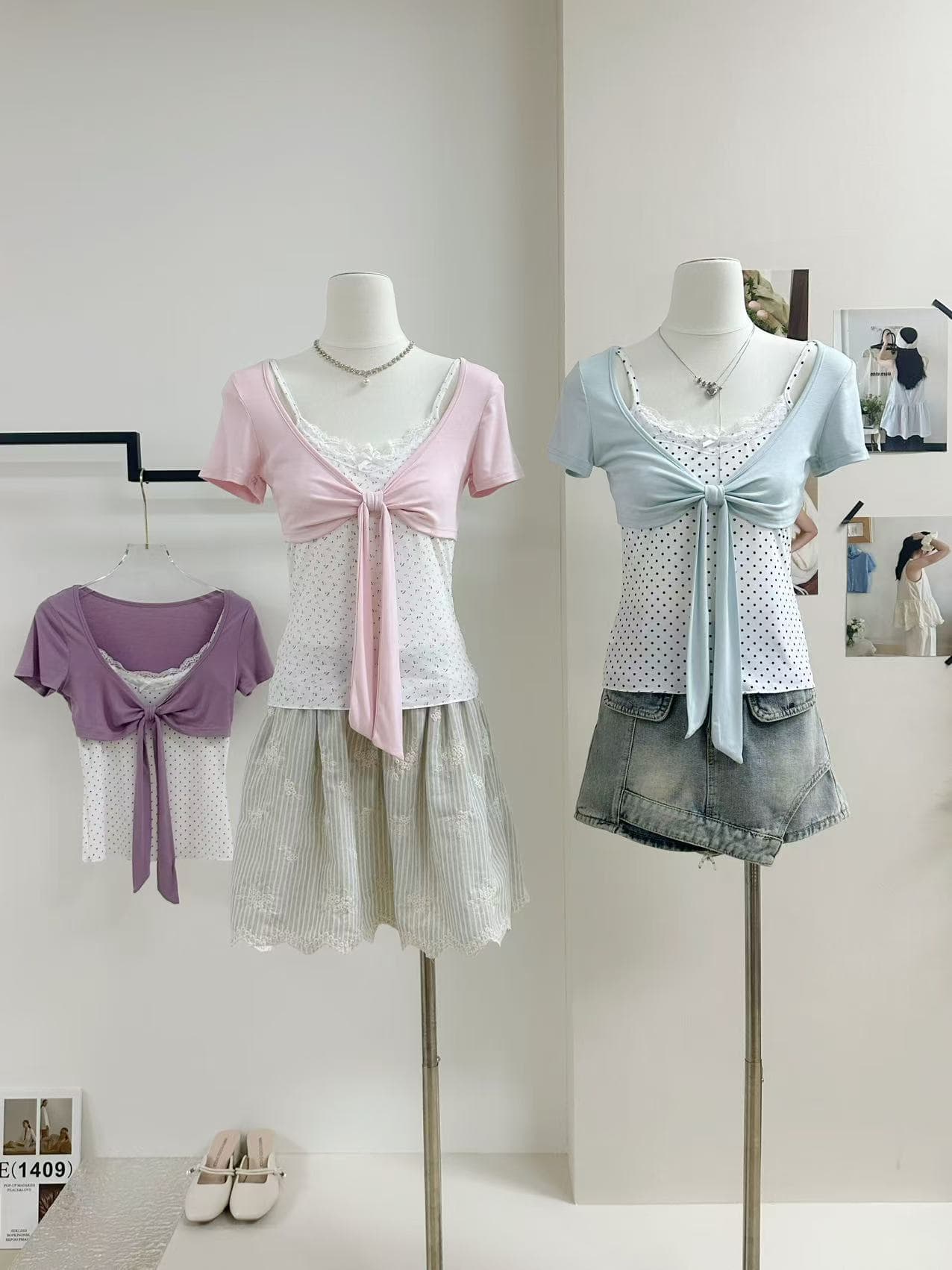 callmeear 배색 나비 매듭 티셔츠 패치워크 디자인 센스 페이크 레이어드 u 칼라 반팔 맨위 여성 여름 상세 이미지 2