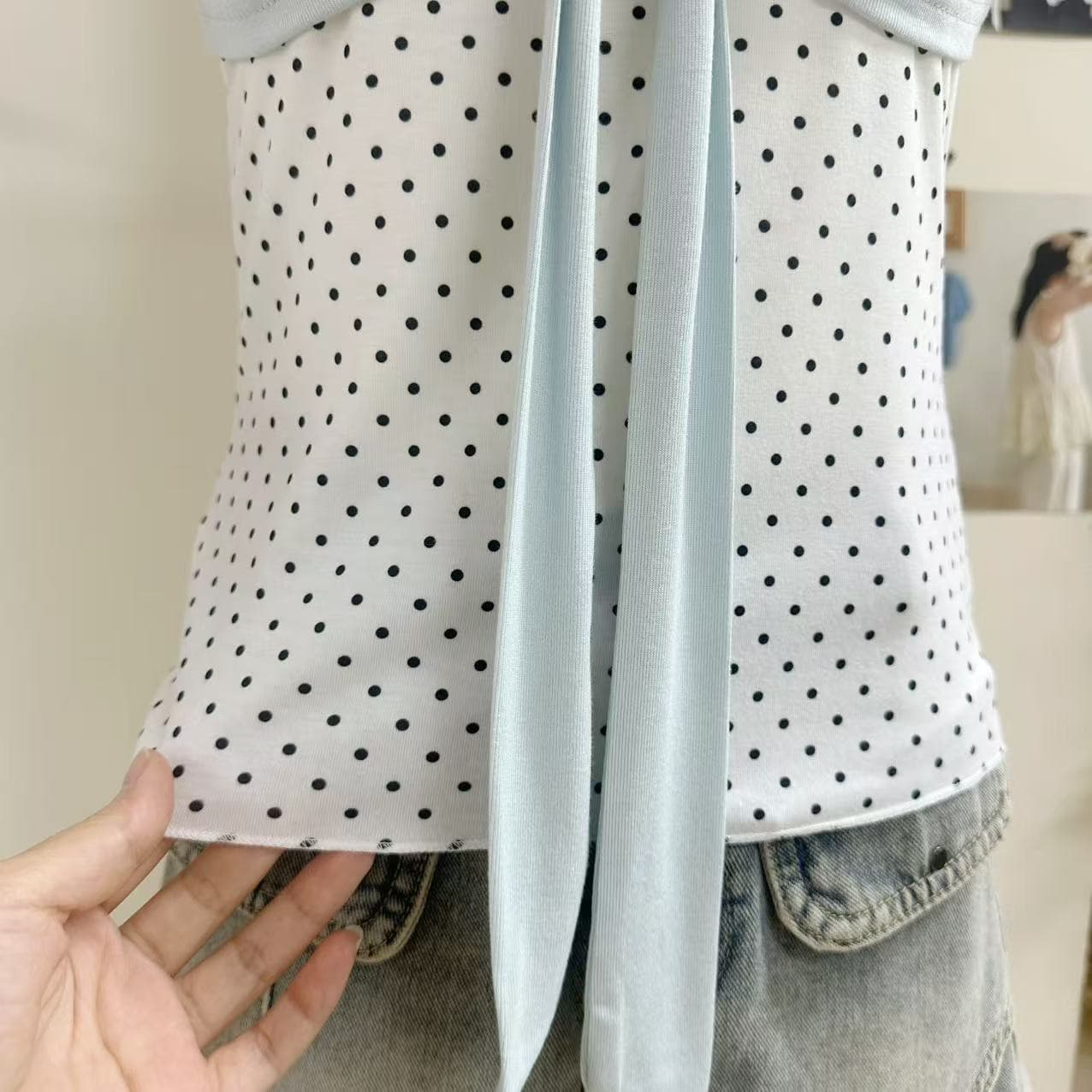 callmeear 배색 나비 매듭 티셔츠 패치워크 디자인 센스 페이크 레이어드 u 칼라 반팔 맨위 여성 여름 상세 이미지 8