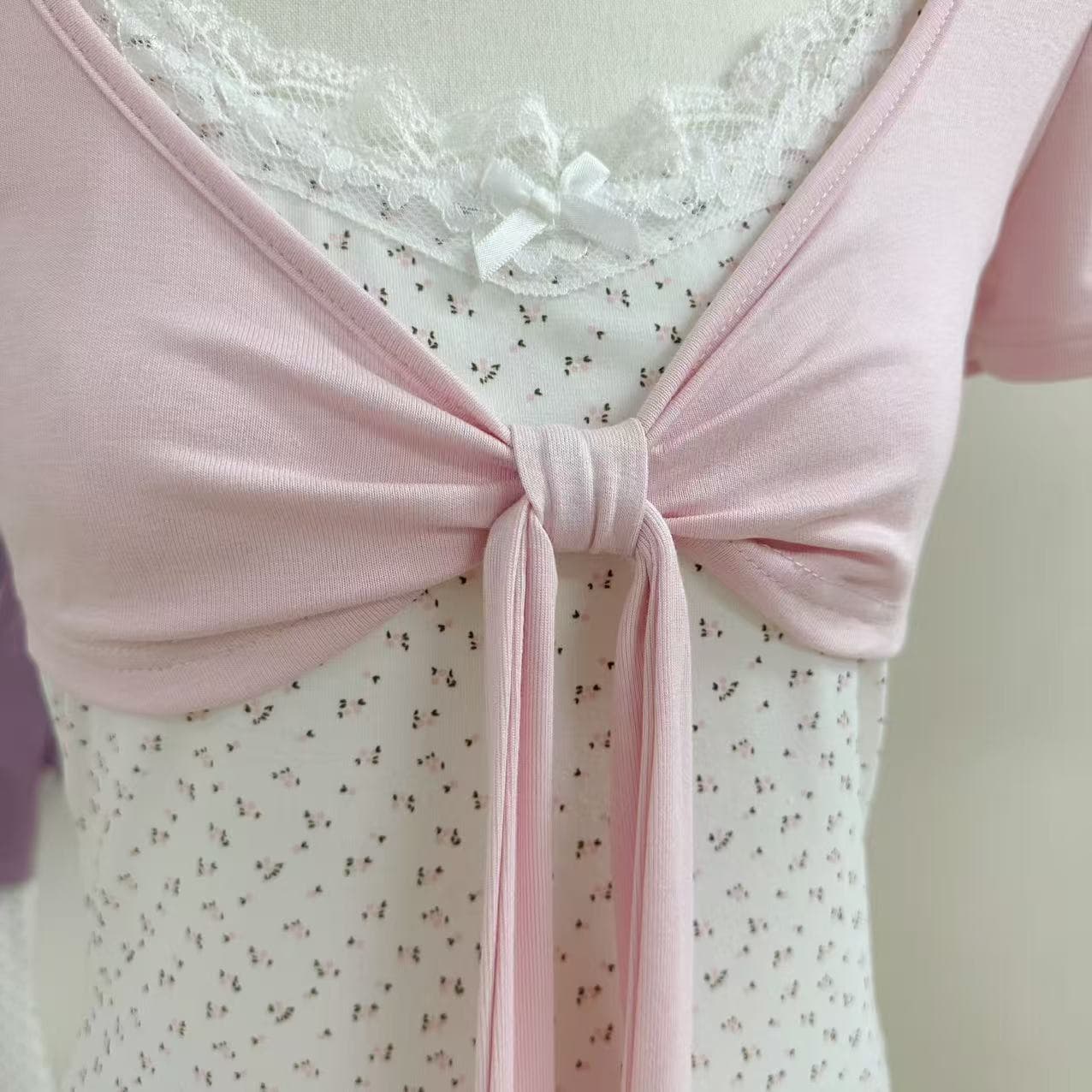 callmeear 배색 나비 매듭 티셔츠 패치워크 디자인 센스 페이크 레이어드 u 칼라 반팔 맨위 여성 여름 상세 이미지 10