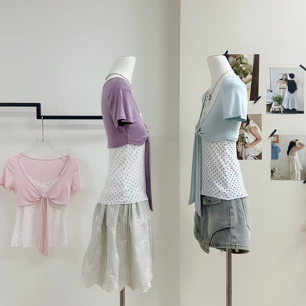 callmeear 배색 나비 매듭 티셔츠 패치워크 디자인 센스 페이크 레이어드 u 칼라 반팔 맨위 여성 여름 상세 이미지 16