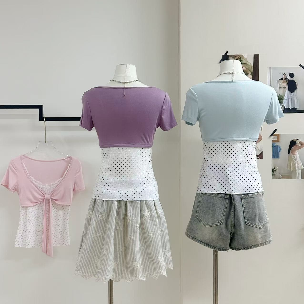 callmeear 배색 나비 매듭 티셔츠 패치워크 디자인 센스 페이크 레이어드 u 칼라 반팔 맨위 여성 여름 상세 이미지 17