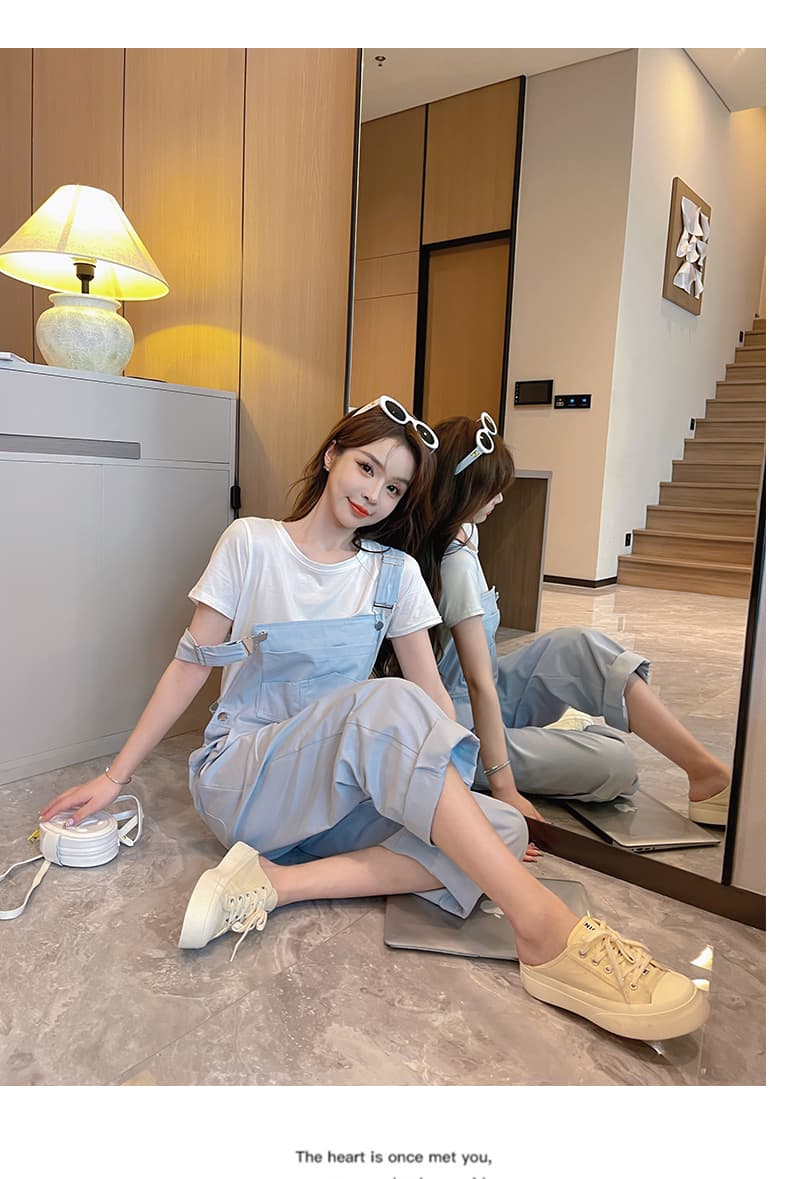 도파민 학생 새로운 클래스 서비스 팀 서비스 클래식 핏 스타일 루즈핏 워크웨어 멜빵 바지 세트 여성 캐주얼 바지 상세 이미지 5