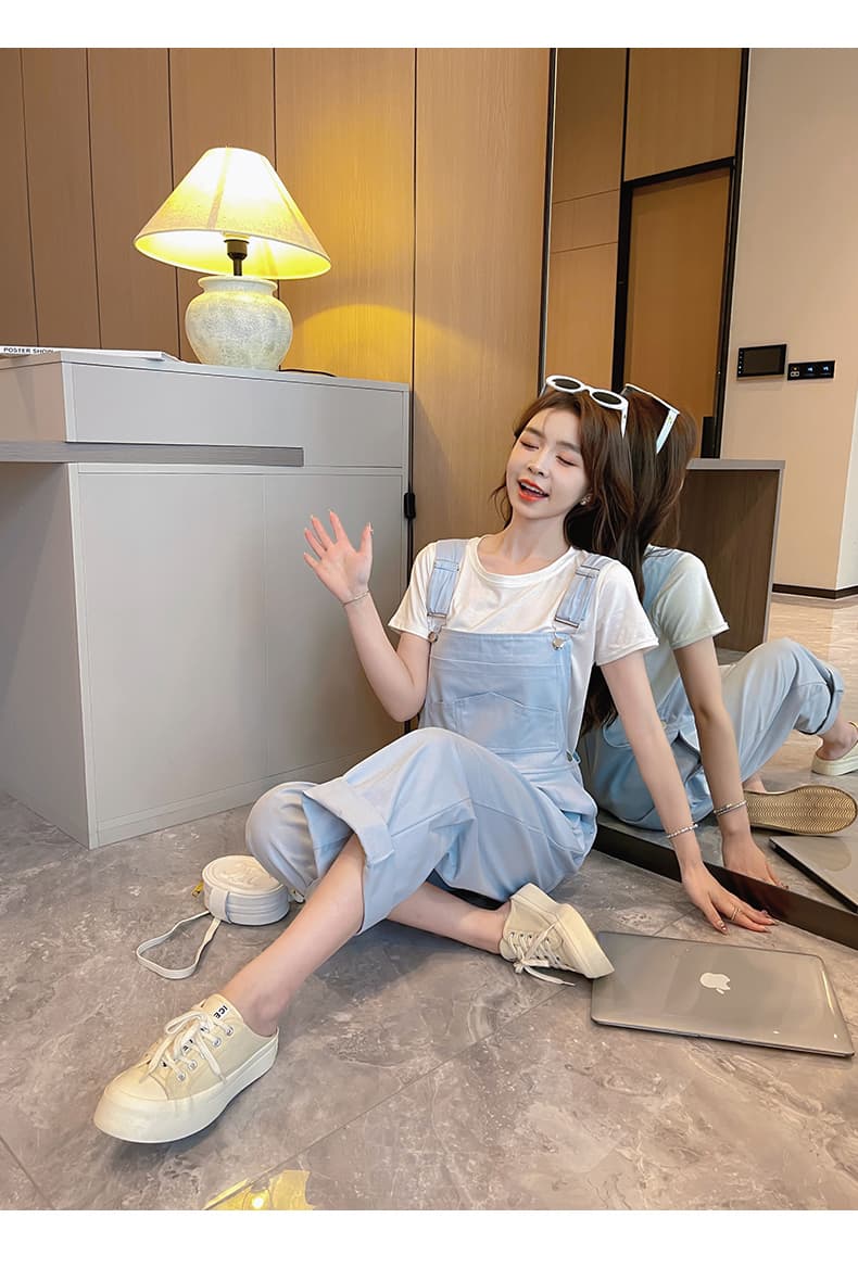 도파민 학생 새로운 클래스 서비스 팀 서비스 클래식 핏 스타일 루즈핏 워크웨어 멜빵 바지 세트 여성 캐주얼 바지 상세 이미지 9