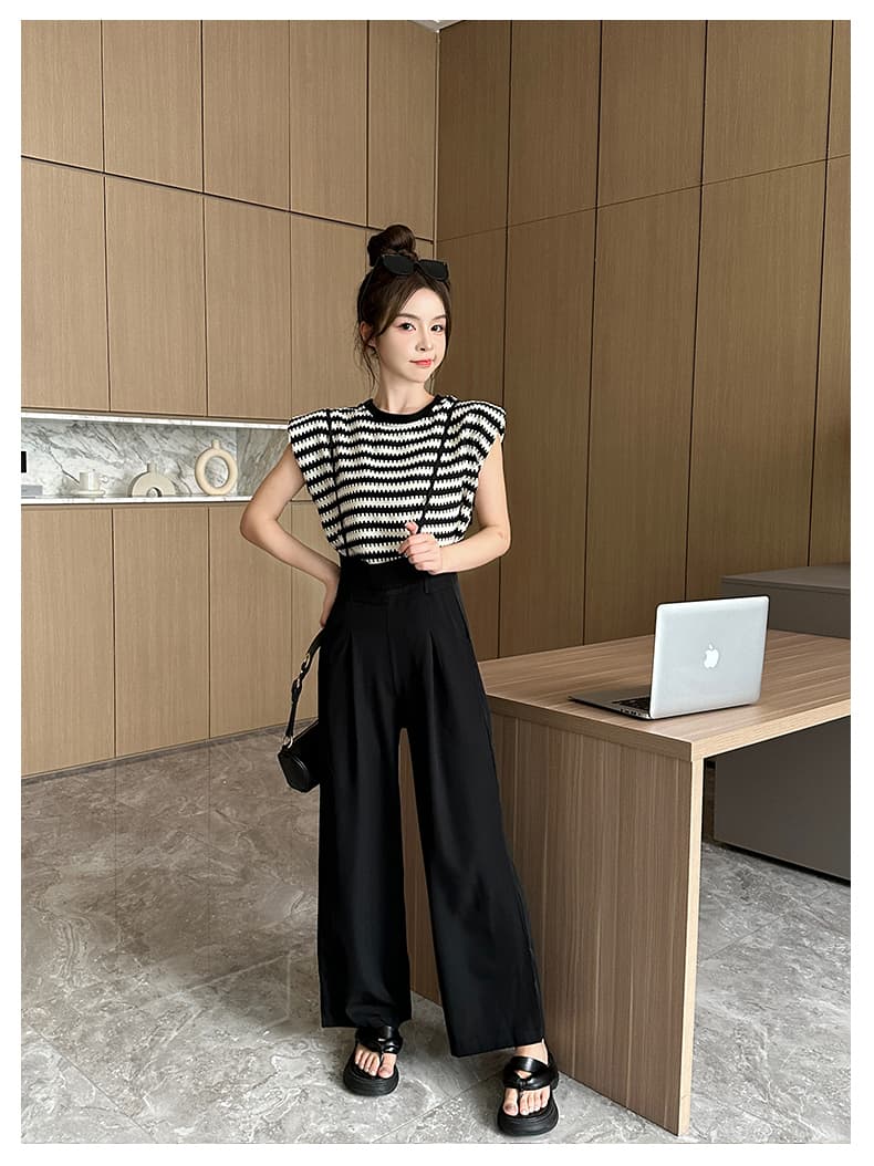 유럽 역 넓은 다리 멜빵 바지 세트 여성 여름 새로운 멜빵 패션 스트라이프 민소매 티셔츠 투피스 세트 상세 이미지 10