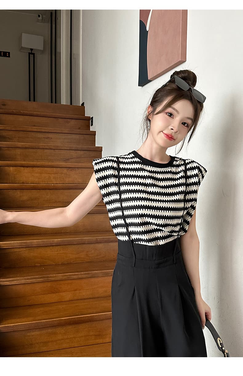 유럽 역 넓은 다리 멜빵 바지 세트 여성 여름 새로운 멜빵 패션 스트라이프 민소매 티셔츠 투피스 세트 상세 이미지 26