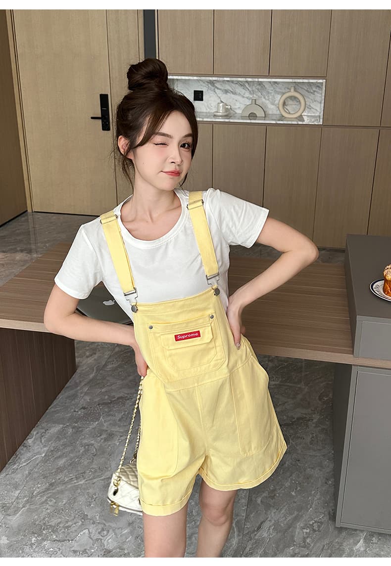도파민 클래스 서비스 착용 가져 가라. 여름 작은 키 연령 감소 다용도 캐주얼 황색 작은 대중 디자인 센스 넓은 다리 멜빵 바지 상세 이미지 9