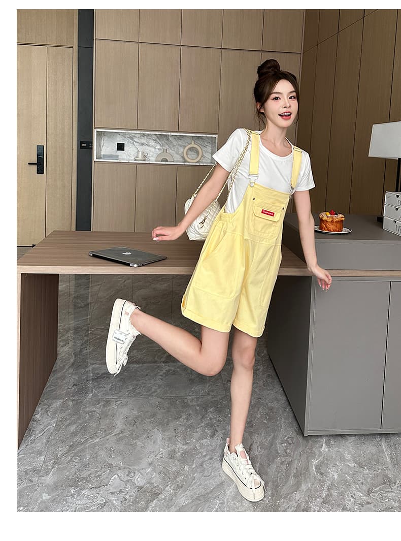 도파민 클래스 서비스 착용 가져 가라. 여름 작은 키 연령 감소 다용도 캐주얼 황색 작은 대중 디자인 센스 넓은 다리 멜빵 바지 상세 이미지 12