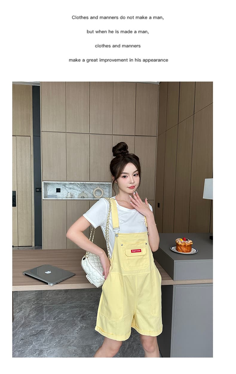 도파민 클래스 서비스 착용 가져 가라. 여름 작은 키 연령 감소 다용도 캐주얼 황색 작은 대중 디자인 센스 넓은 다리 멜빵 바지 상세 이미지 17
