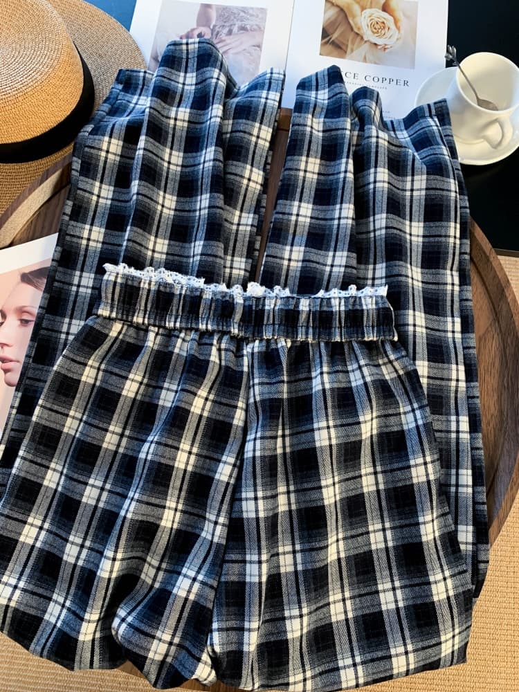 레이스 측면 체크무늬 바지 여성 가을 새로운 루즈핏 느긋한 휴식 센스 와이드 레그 팬츠 도루 센스 캐주얼 바지 상세 이미지 12