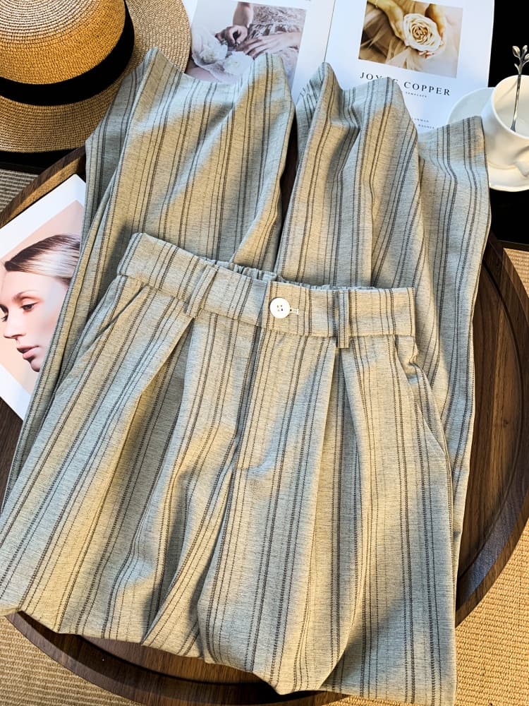 가을 겨울 의류 새로운 한국 스타일 정장 바지 스트라이프 레트로 도루 센스 캐주얼 바지 여성 루즈핏 넓은 다리 캐주얼 바지 상세 이미지 10