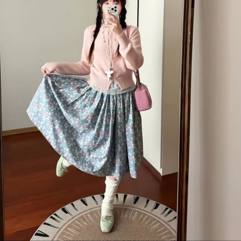 살구 꽃 꽃이 만발한 꽃무늬 반 스커트 레트로 한 부서 꽃무늬 슬림해 보이는 반신 스커트 여성 봄 여름 상세 이미지 16