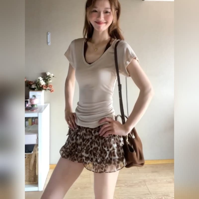 레오파드 무늬 퍼프 프릴 케이크 미니 스커트 여성 봄 여름 작은 키 레벨 센스 연령 감소 다용도 반신 스커트 상세 이미지 3
