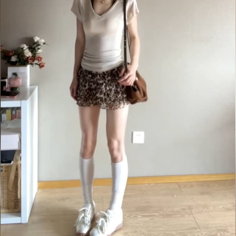 레오파드 무늬 퍼프 프릴 케이크 미니 스커트 여성 봄 여름 작은 키 레벨 센스 연령 감소 다용도 반신 스커트 상세 이미지 5