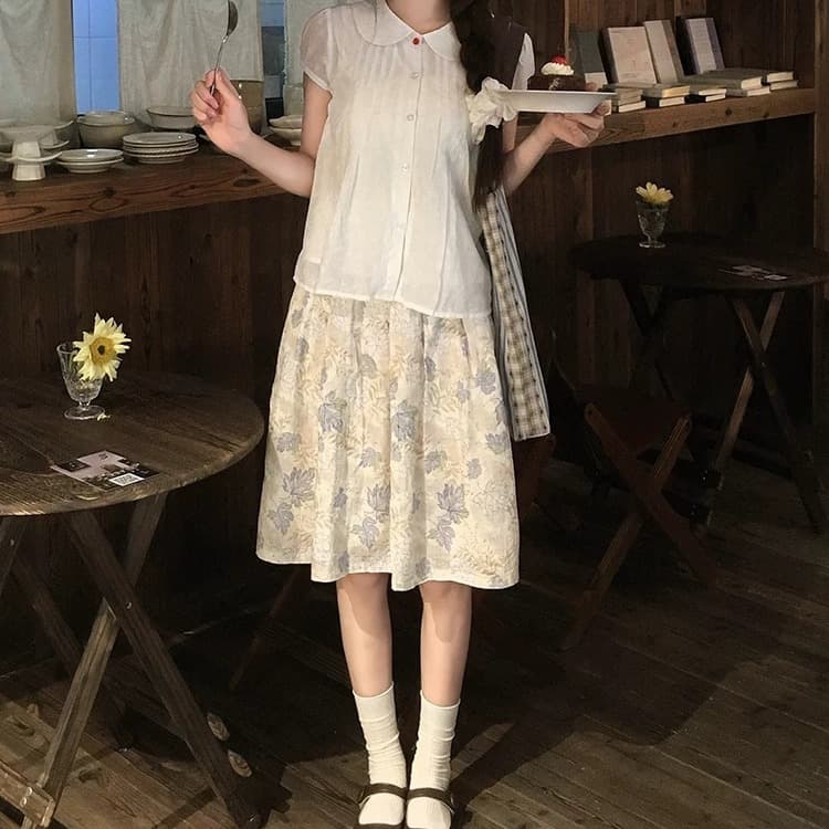 작은 흰색 꽃 주간 실크 베이비 칼라 꽃무늬 인형 셔츠 맨위 화이트 반팔 거품 소매 셔츠