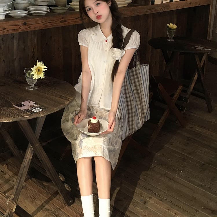작은 흰색 꽃 주간 실크 베이비 칼라 꽃무늬 인형 셔츠 맨위 화이트 반팔 거품 소매 셔츠 이미지 2