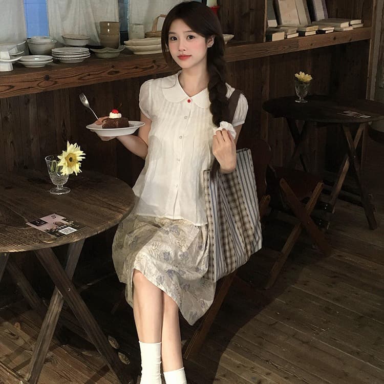 작은 흰색 꽃 주간 실크 베이비 칼라 꽃무늬 인형 셔츠 맨위 화이트 반팔 거품 소매 셔츠 이미지 3