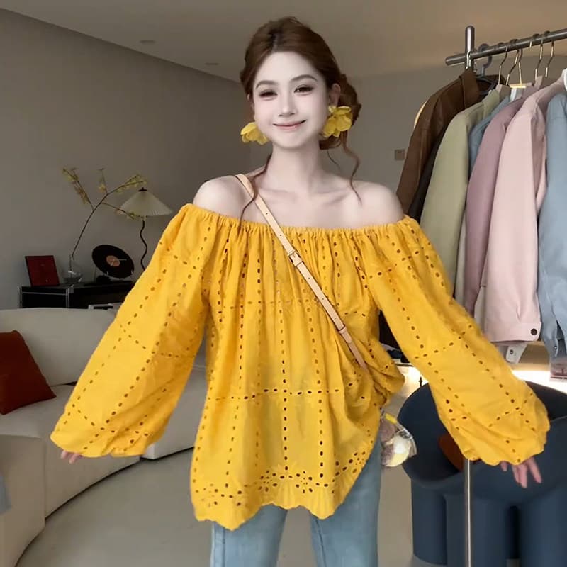 한 부서 레이스 자수 보트넥 오프숄더 여성 셔츠 여름 새로운 달콤한 스타일 루즈핏 홀로우 아웃 벌룬 소매 맨위 이미지 2