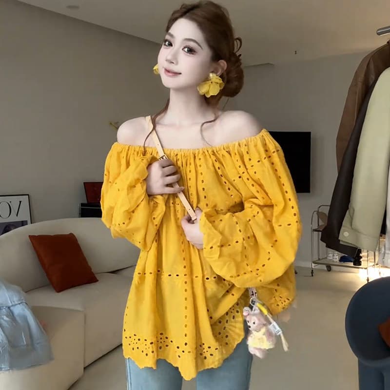 한 부서 레이스 자수 보트넥 오프숄더 여성 셔츠 여름 새로운 달콤한 스타일 루즈핏 홀로우 아웃 벌룬 소매 맨위 이미지 5