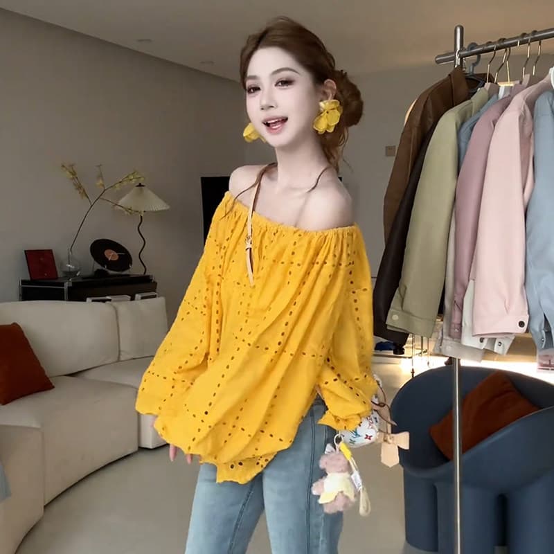 한 부서 레이스 자수 보트넥 오프숄더 여성 셔츠 여름 새로운 달콤한 스타일 루즈핏 홀로우 아웃 벌룬 소매 맨위 상세 이미지 5