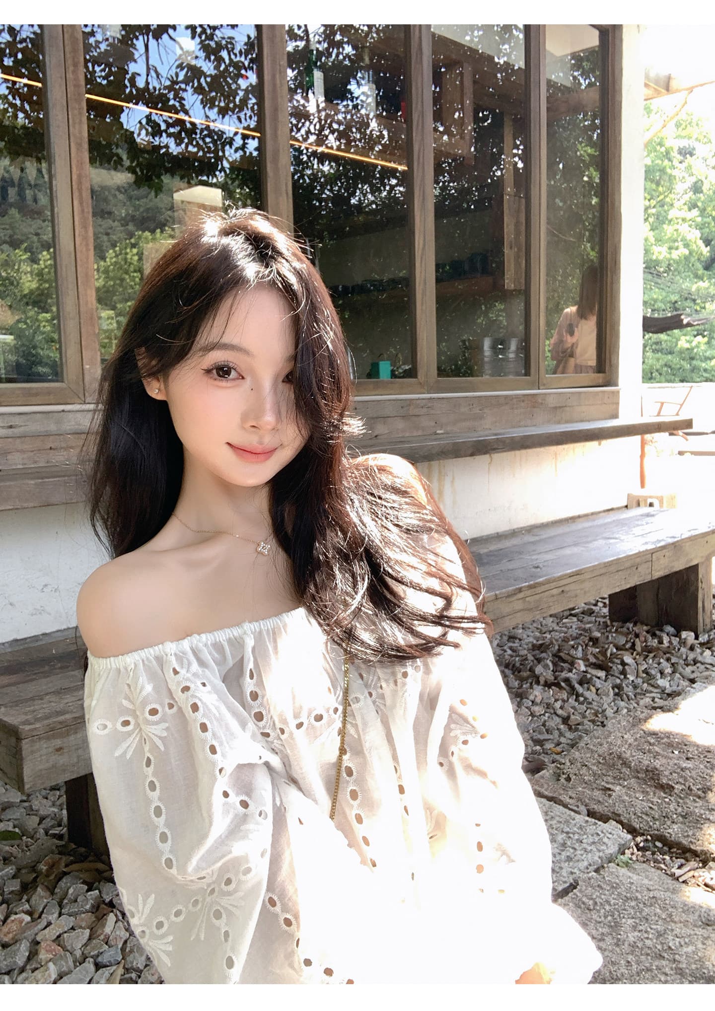 한 부서 레이스 자수 보트넥 오프숄더 여성 셔츠 여름 새로운 달콤한 스타일 루즈핏 홀로우 아웃 벌룬 소매 맨위 상세 이미지 9