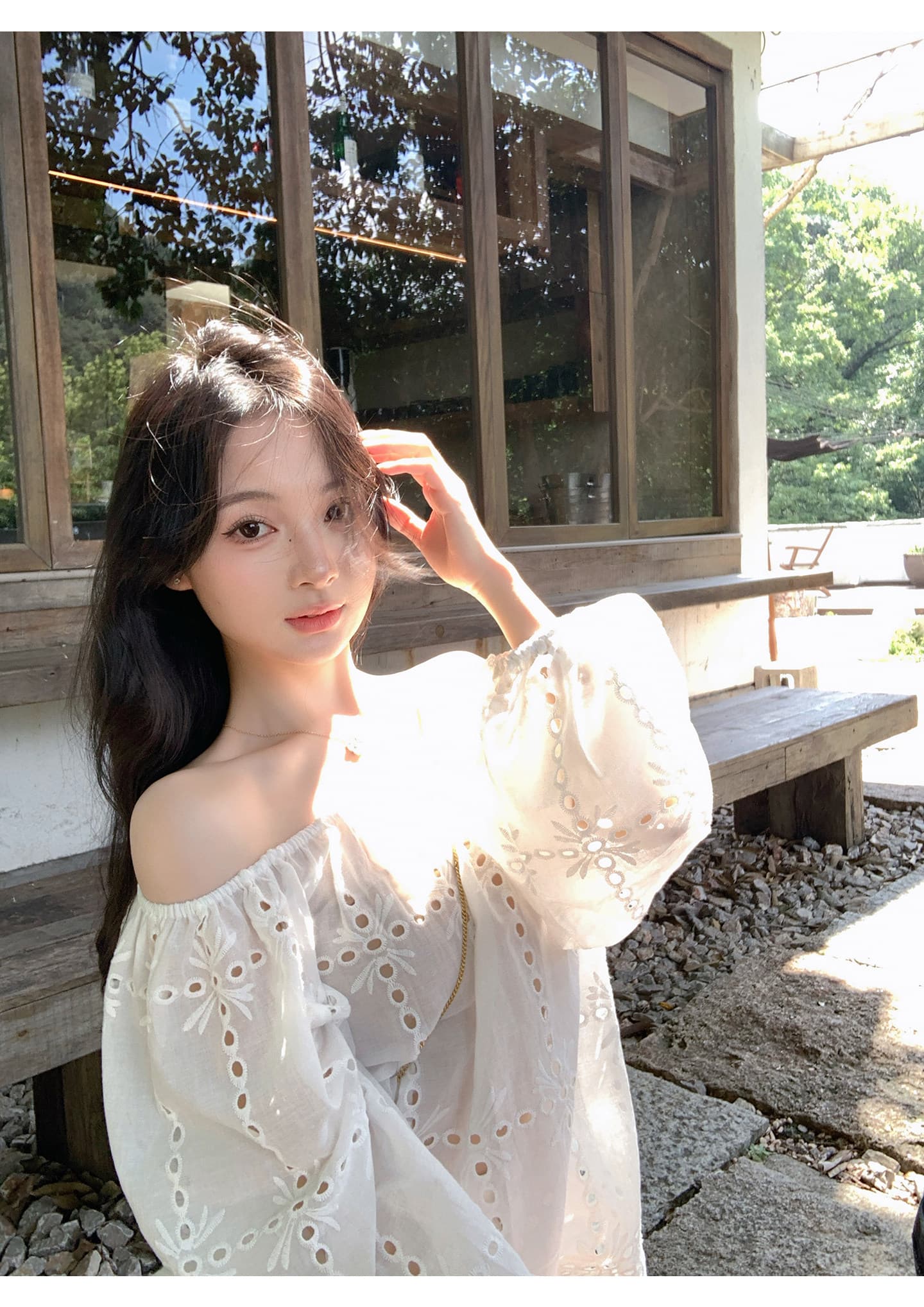 한 부서 레이스 자수 보트넥 오프숄더 여성 셔츠 여름 새로운 달콤한 스타일 루즈핏 홀로우 아웃 벌룬 소매 맨위 상세 이미지 11