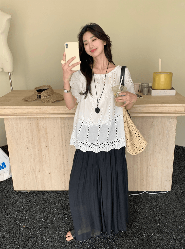 한 부서 레이스 자수 보트넥 오프숄더 여성 셔츠 여름 새로운 달콤한 스타일 루즈핏 홀로우 아웃 벌룬 소매 맨위 상세 이미지 12