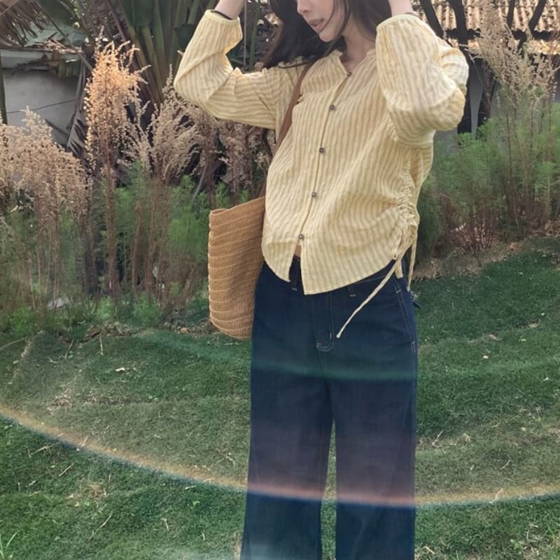 수영하다 수영하다 작은 키 이른 봄 스트라이프 배색 루즈핏 긴팔 셔츠 품격 다용도 느슨함 센스 Chic 펌프 Pleat 셔츠 상세 이미지 15