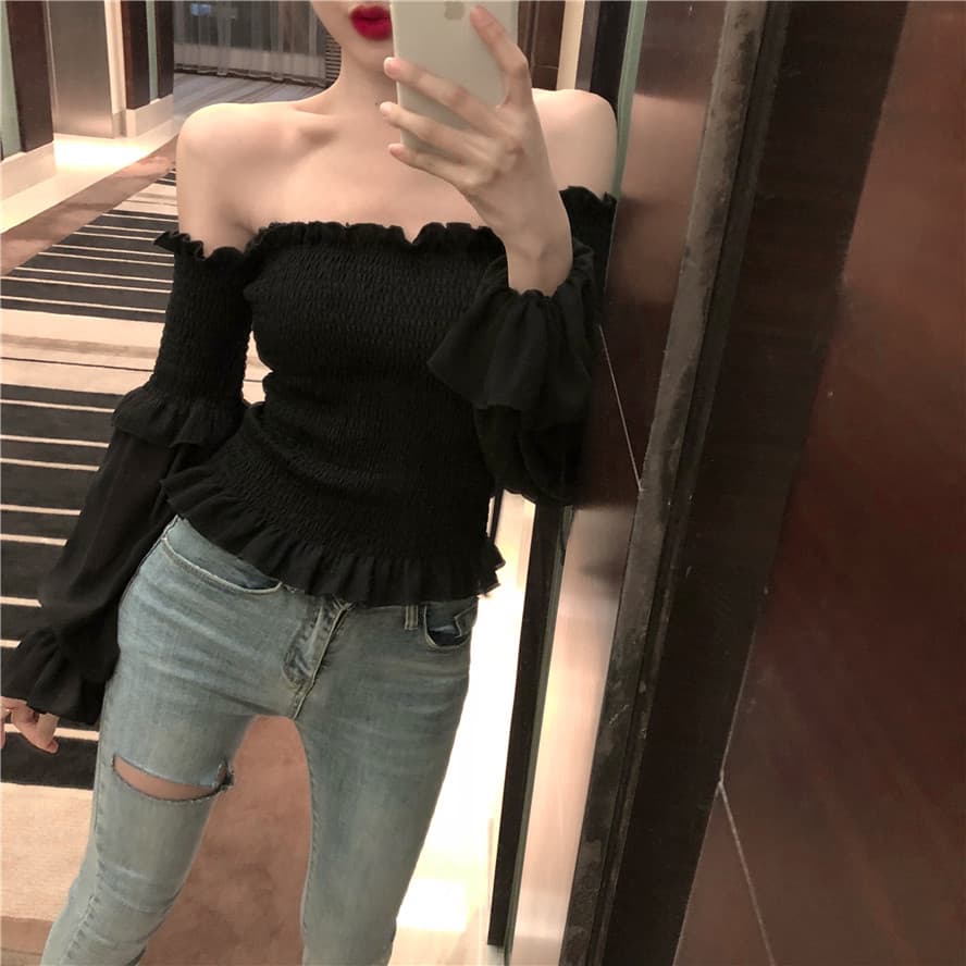 휴가 오프숄더 쉬폰 여성 셔츠 여름 디자인 센스 거품 소매 몸매 가꾸기 슬림해 보이는 튜브탑 아름다운 쇄골 맨위 트렌디 이미지 3