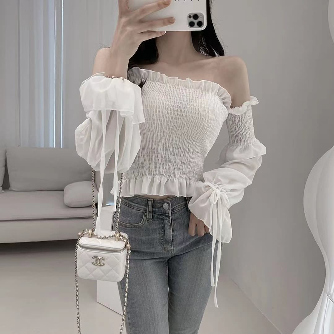 휴가 오프숄더 쉬폰 여성 셔츠 여름 디자인 센스 거품 소매 몸매 가꾸기 슬림해 보이는 튜브탑 아름다운 쇄골 맨위 트렌디 이미지 4
