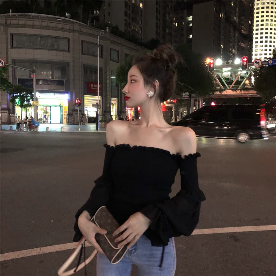 휴가 오프숄더 쉬폰 여성 셔츠 여름 디자인 센스 거품 소매 몸매 가꾸기 슬림해 보이는 튜브탑 아름다운 쇄골 맨위 트렌디 상세 이미지 3