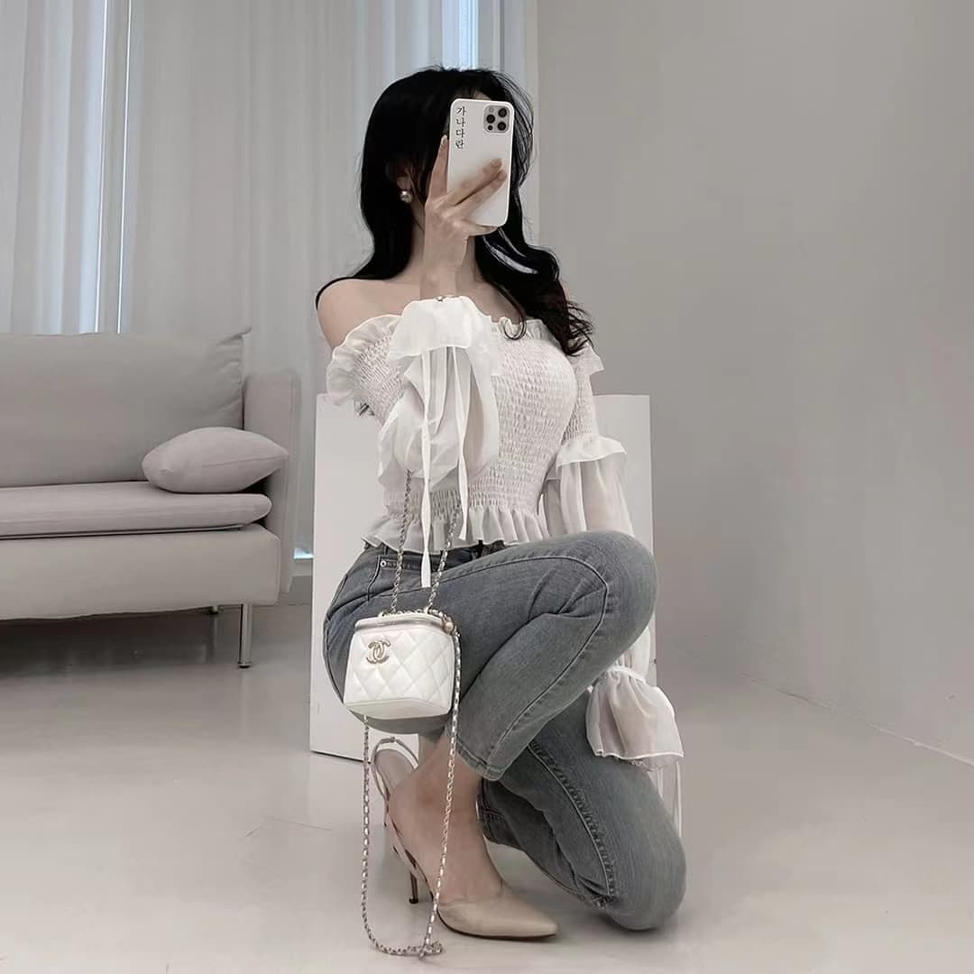 휴가 오프숄더 쉬폰 여성 셔츠 여름 디자인 센스 거품 소매 몸매 가꾸기 슬림해 보이는 튜브탑 아름다운 쇄골 맨위 트렌디 상세 이미지 17