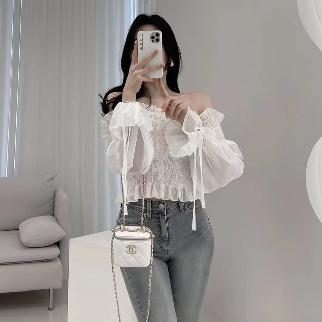 휴가 오프숄더 쉬폰 여성 셔츠 여름 디자인 센스 거품 소매 몸매 가꾸기 슬림해 보이는 튜브탑 아름다운 쇄골 맨위 트렌디 상세 이미지 18