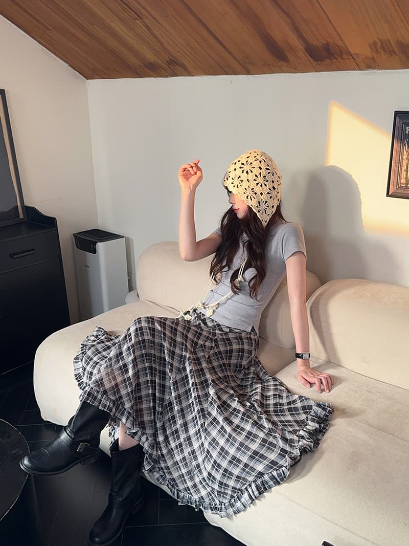 아메리칸 레트로 둘 색상 체크무늬 반신 스커트 여성 봄 새로운 불규칙 프릴 밑단 중간 길이 쉬폰 반 스커트 상세 이미지 1