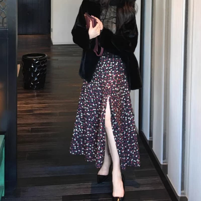 alonesavor 용 안녕하세요. 어린이 프랑스식 레트로 색상 도트 무늬 불규칙 자르기 트임 여성 반신 스커트 j066
