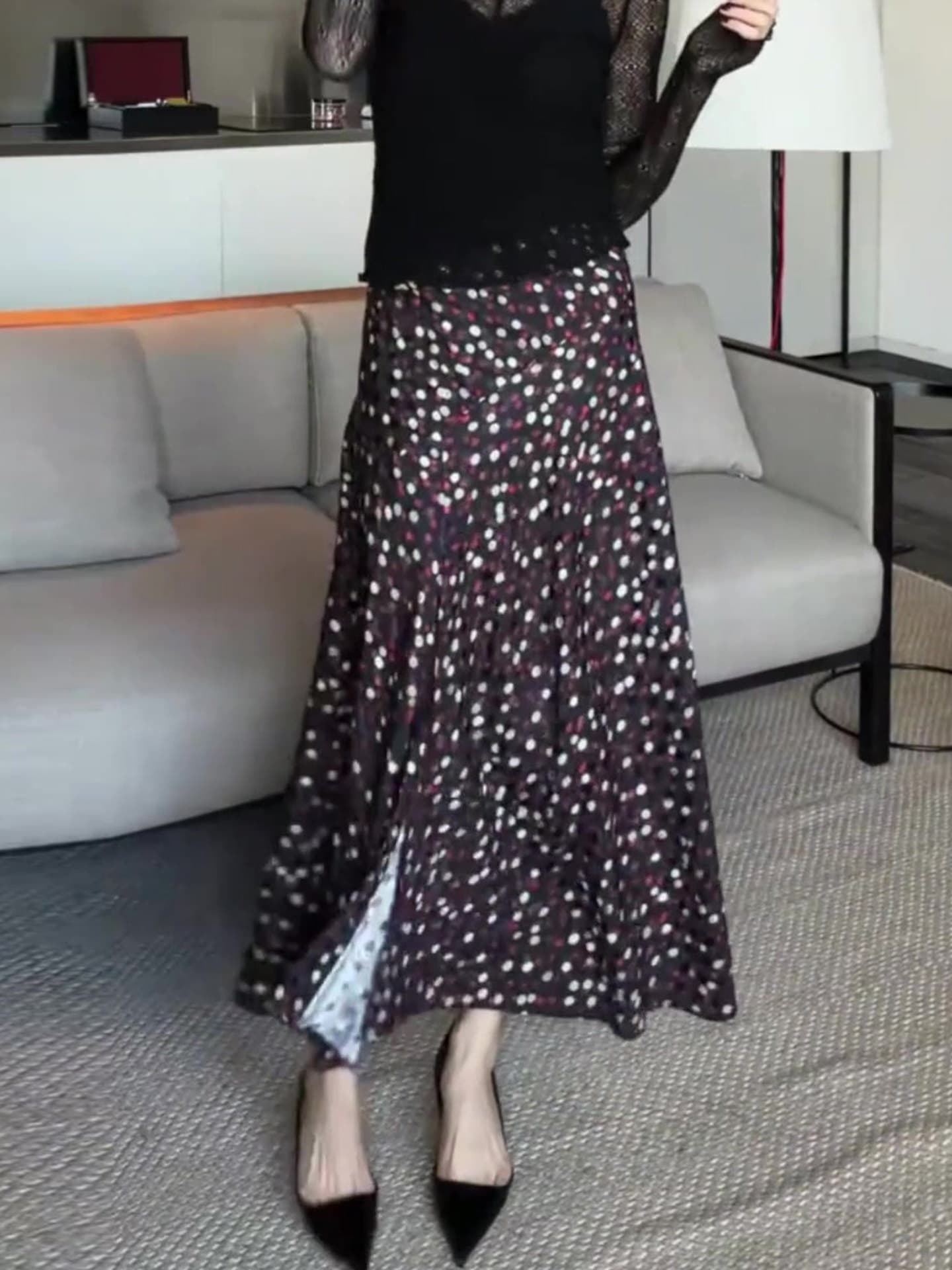 alonesavor 용 안녕하세요. 어린이 프랑스식 레트로 색상 도트 무늬 불규칙 자르기 트임 여성 반신 스커트 j066 상세 이미지 3